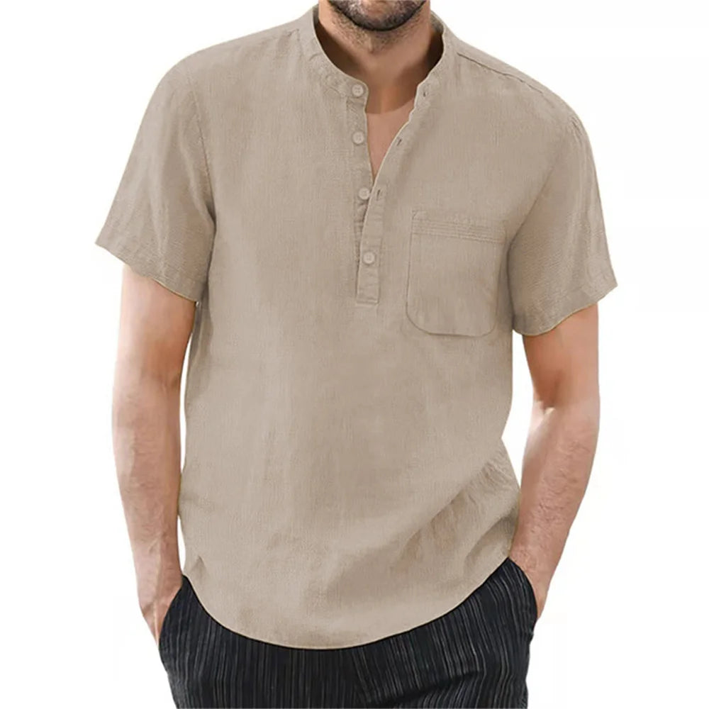 Archer | Men's Linen Shirt - Band Collar Short Sleeve Design