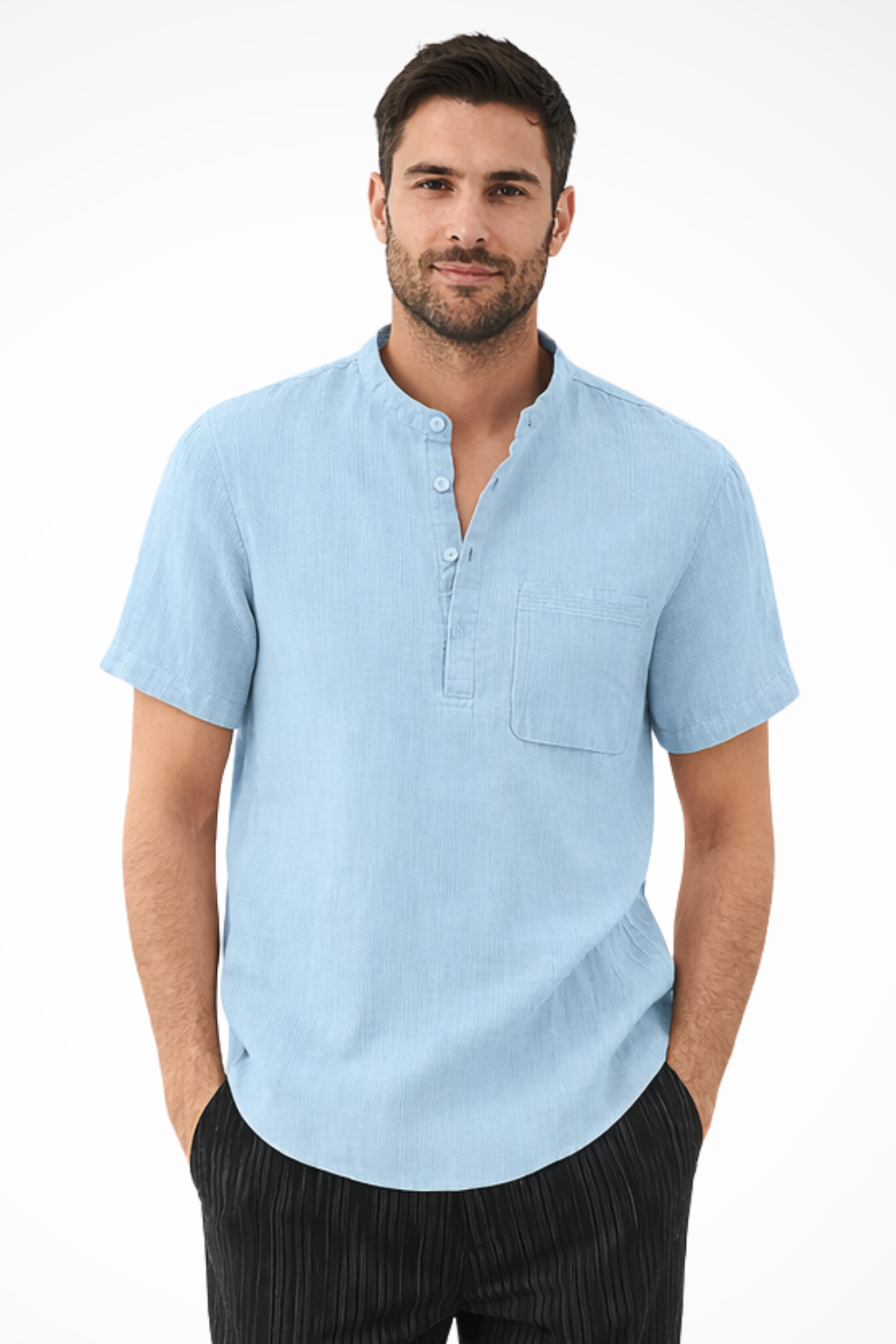 Archer | Men's Linen Shirt - Band Collar Short Sleeve Design