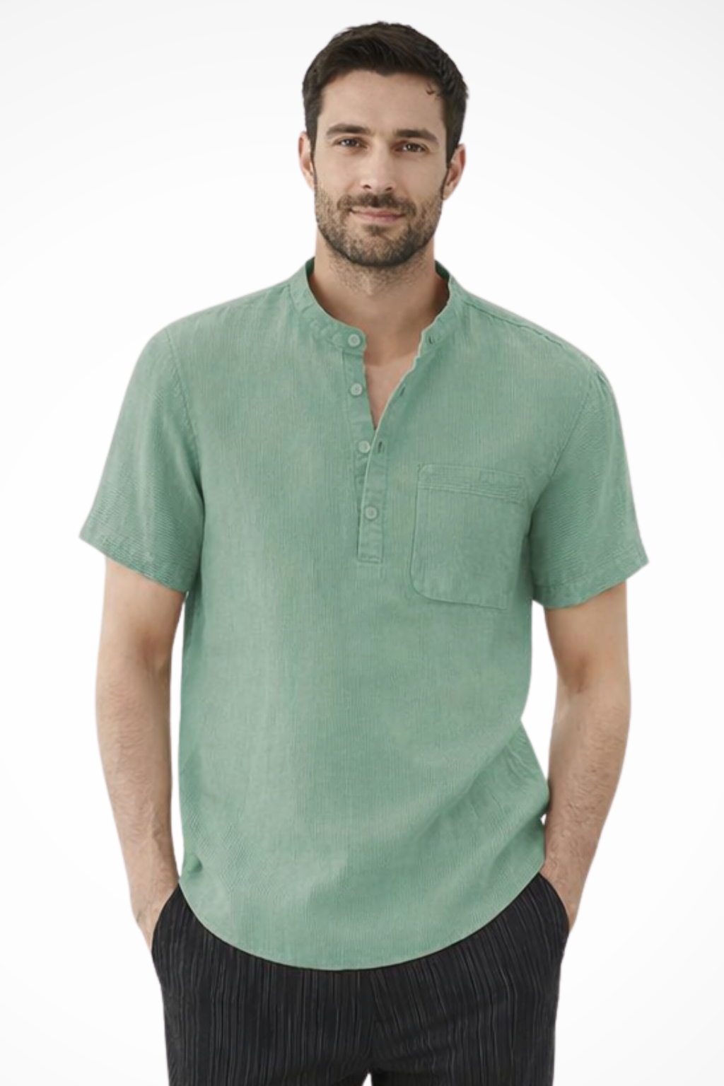 Archer | Men's Linen Shirt - Band Collar Short Sleeve Design