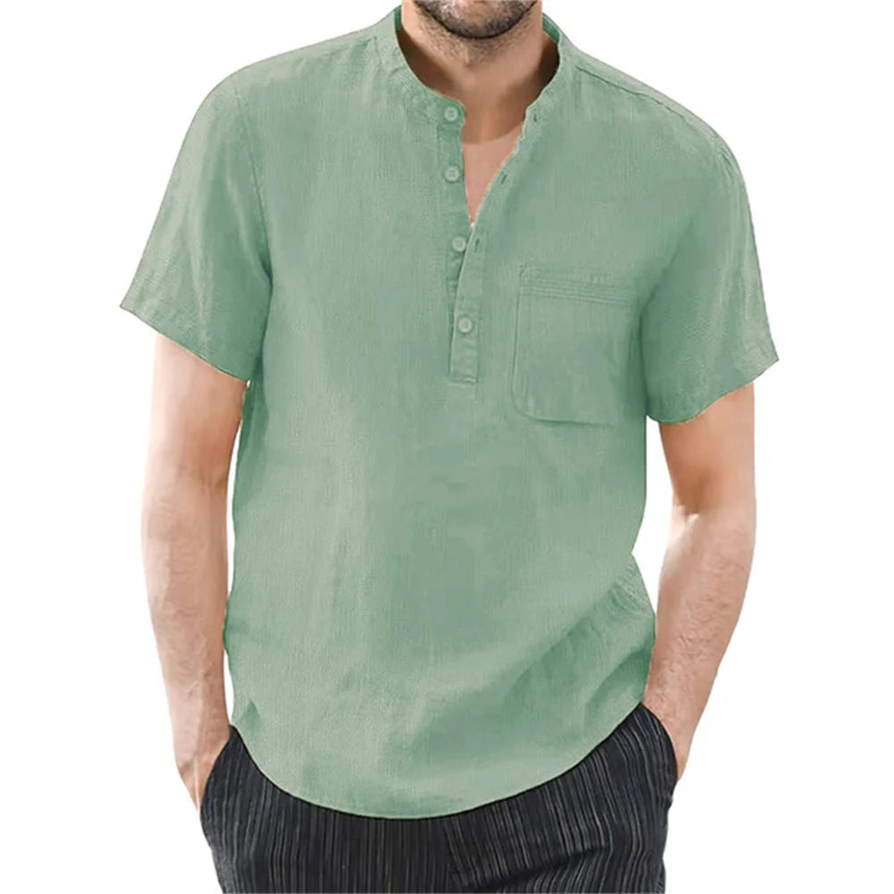 Archer | Men's Linen Shirt - Band Collar Short Sleeve Design