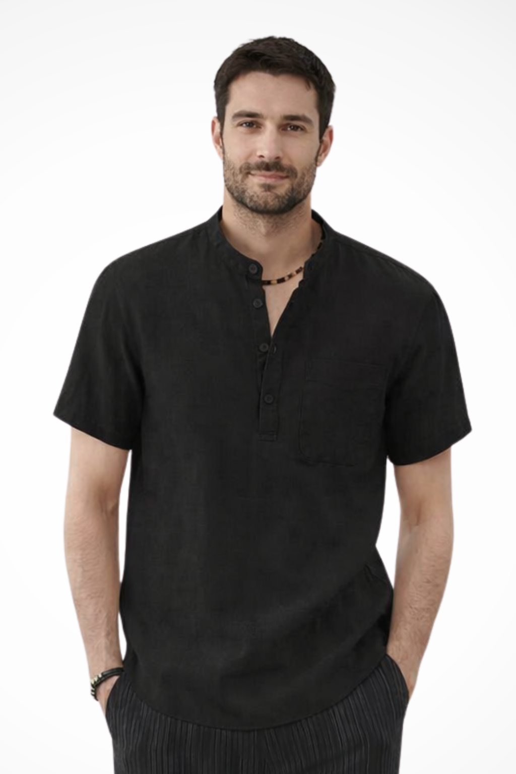 Archer | Men's Linen Shirt - Band Collar Short Sleeve Design