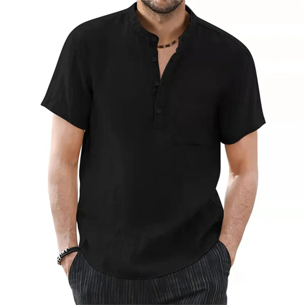 Archer | Men's Linen Shirt - Band Collar Short Sleeve Design