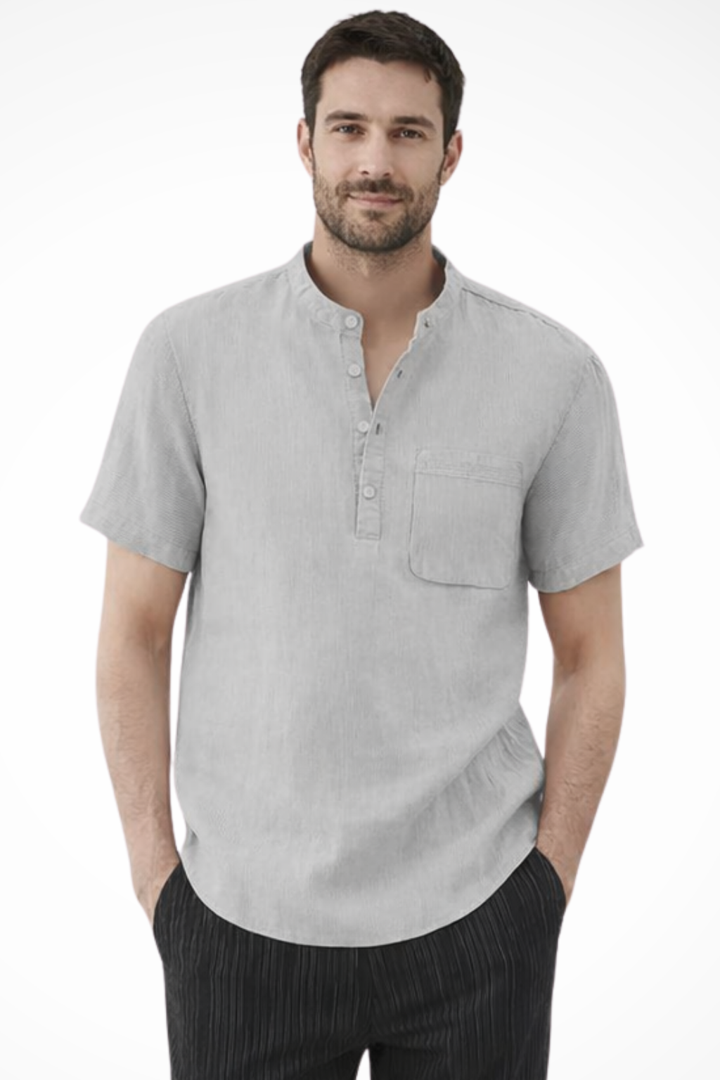 Archer | Men's Linen Shirt - Band Collar Short Sleeve Design