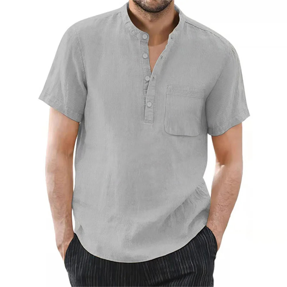 Archer | Men's Linen Shirt - Band Collar Short Sleeve Design