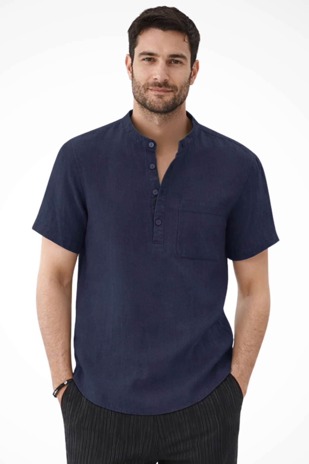 Archer | Men's Linen Shirt - Band Collar Short Sleeve Design