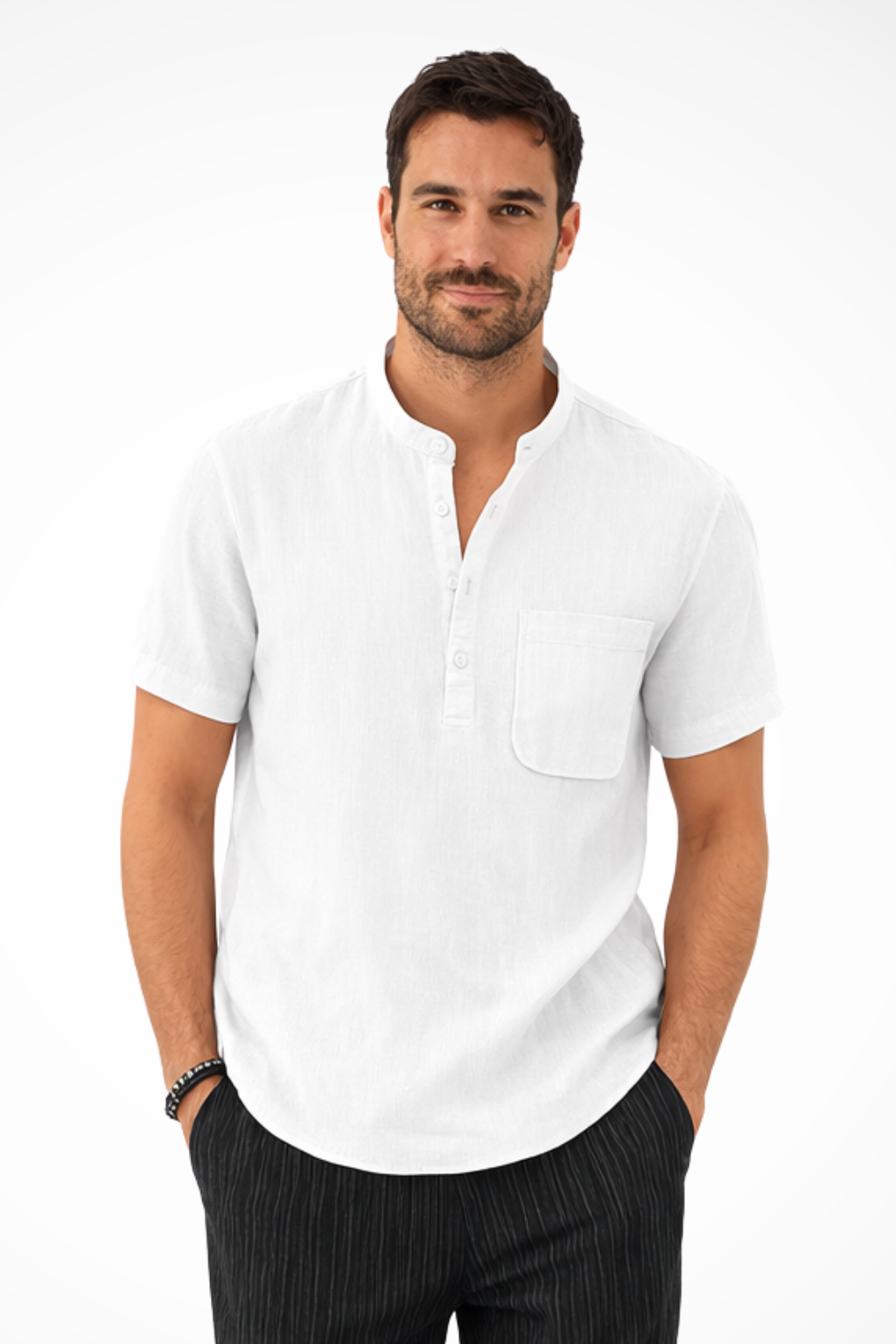 Archer | Men's Linen Shirt - Band Collar Short Sleeve Design