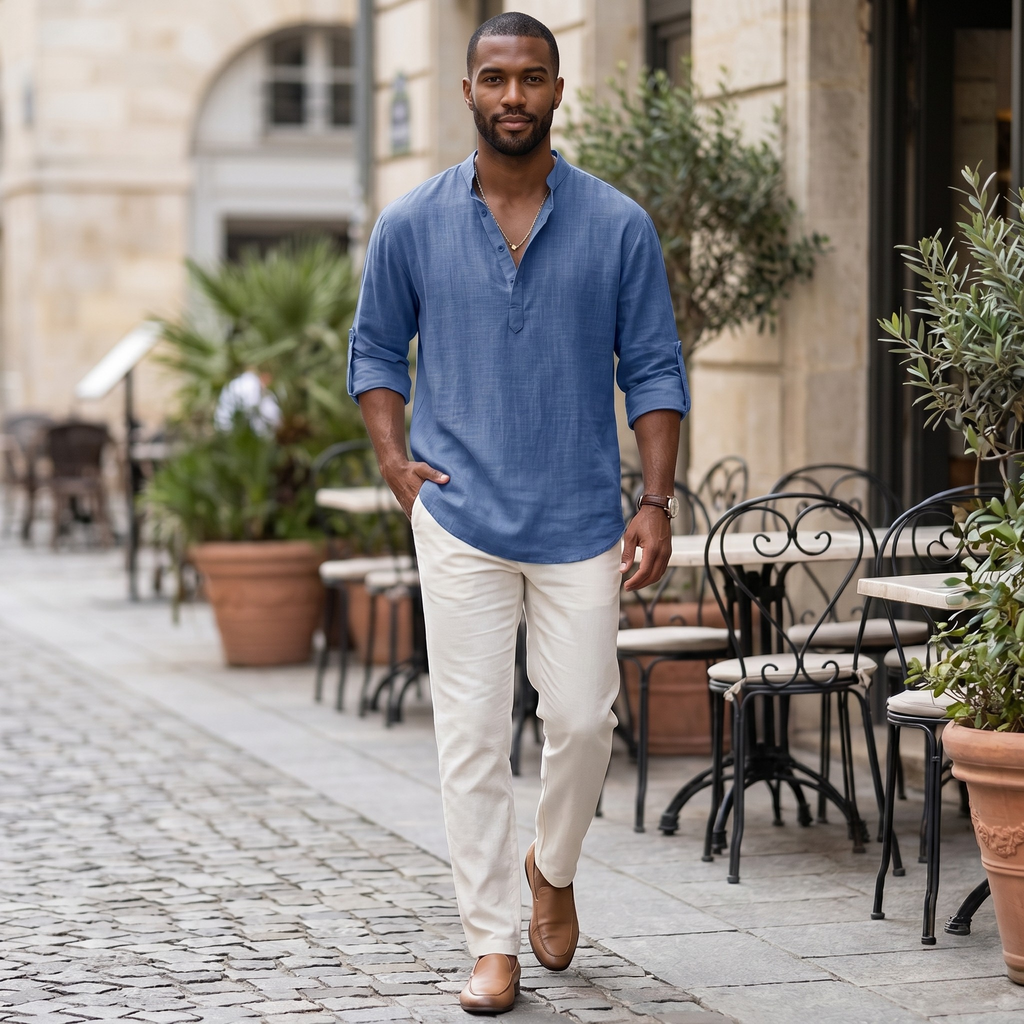 Aurelio | Men's Linen Shirt – Stand Collar, Relaxed Fit