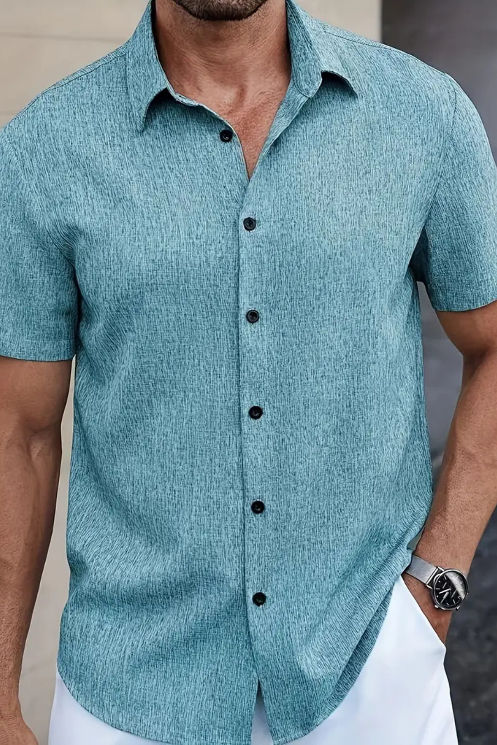 Callum | Men's Shirt - Short Sleeve Cotton with Textured Fabric