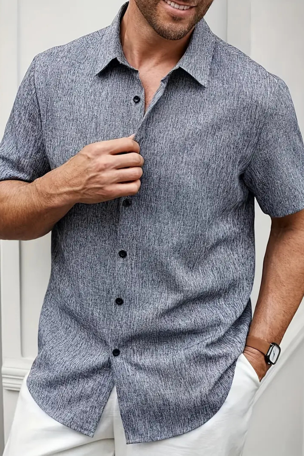 Callum | Men's Shirt - Short Sleeve Cotton with Textured Fabric