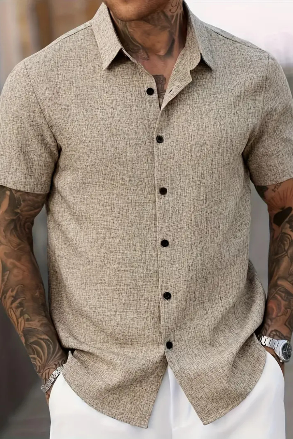 Callum | Men's Shirt - Short Sleeve Cotton with Textured Fabric