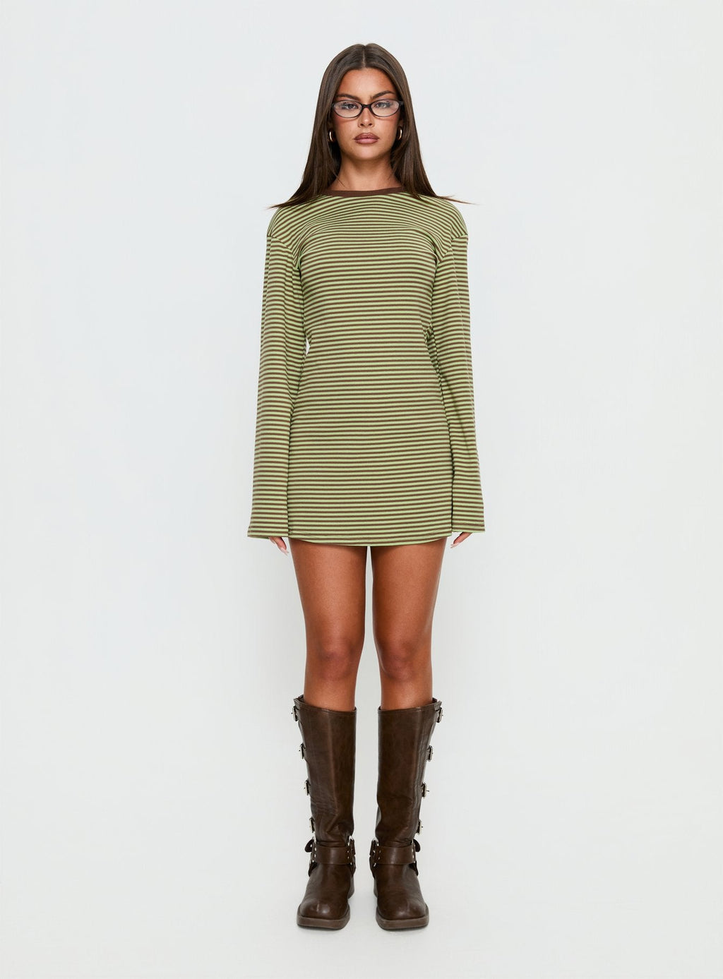 Lulolah Long Sleeve Mini Dress Green / Chocolate Stripe