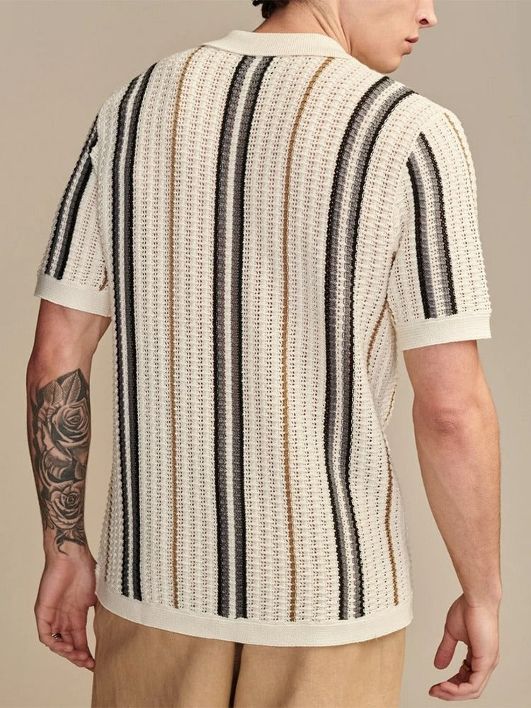 Men's Open Knit Shirt – Lightweight Short Sleeve Vertical Stripes
