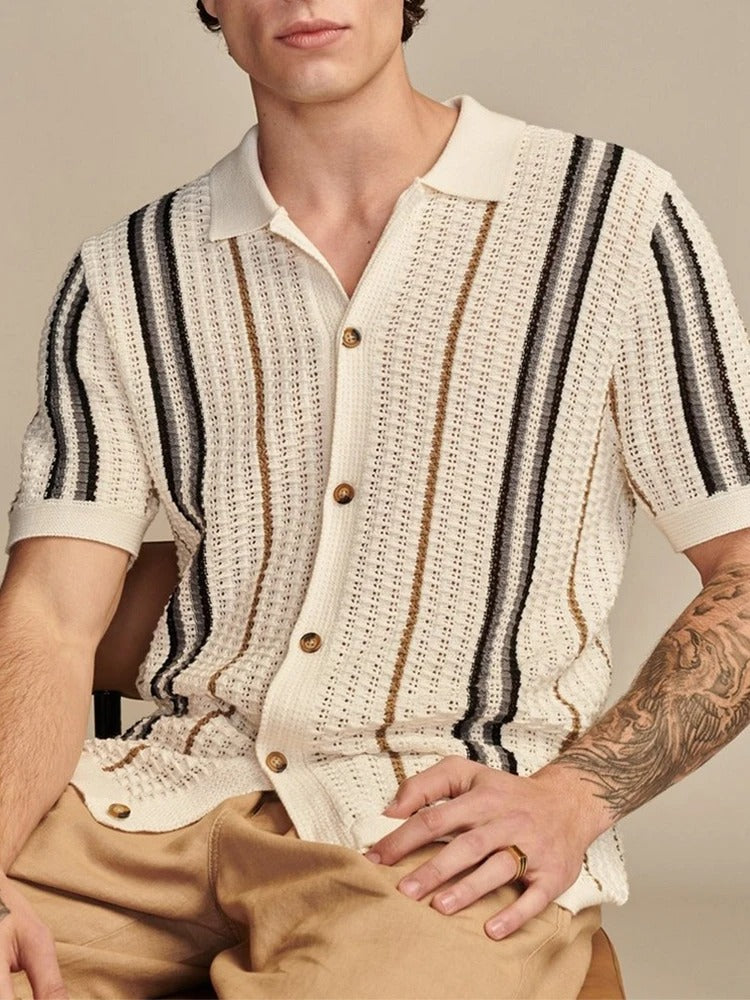 Men's Open Knit Shirt – Lightweight Short Sleeve Vertical Stripes