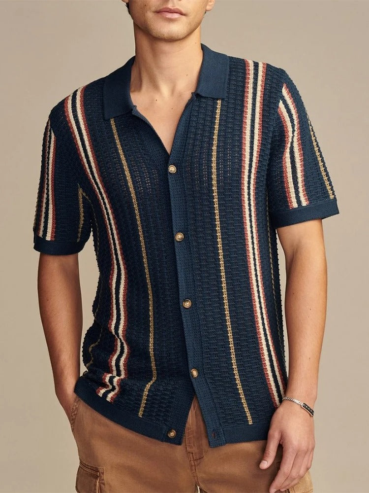 Men's Open Knit Shirt – Lightweight Short Sleeve Vertical Stripes