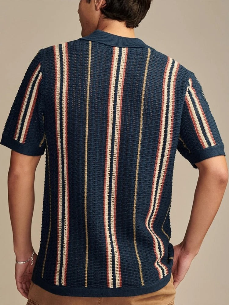 Men's Open Knit Shirt – Lightweight Short Sleeve Vertical Stripes