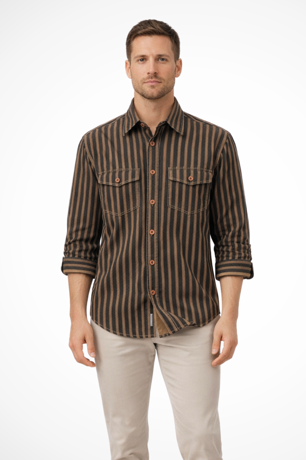 Noah | Men's Shirt - Loose Fit Striped Long Sleeve with Chest Pockets