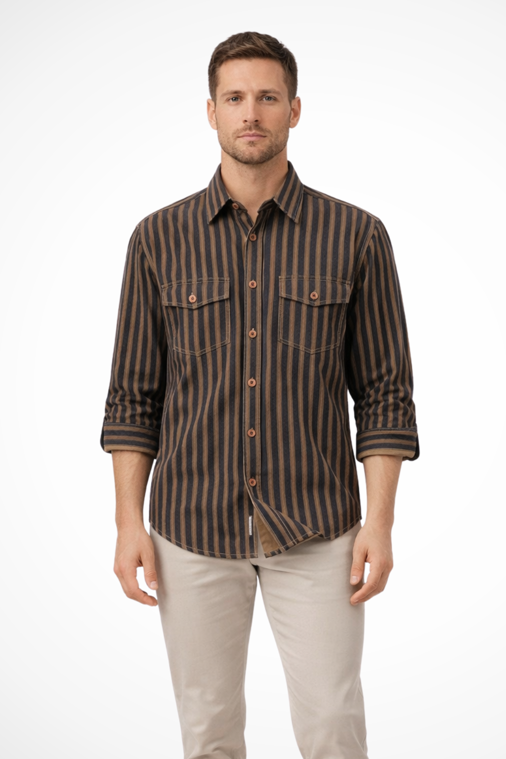 Noah | Men's Shirt - Loose Fit Striped Long Sleeve with Chest Pockets