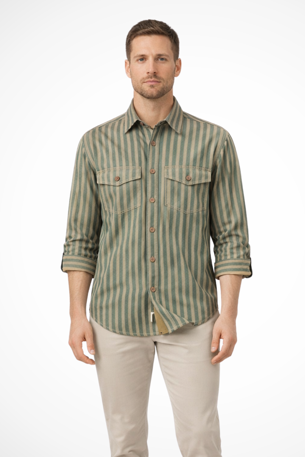 Noah | Men's Shirt - Loose Fit Striped Long Sleeve with Chest Pockets