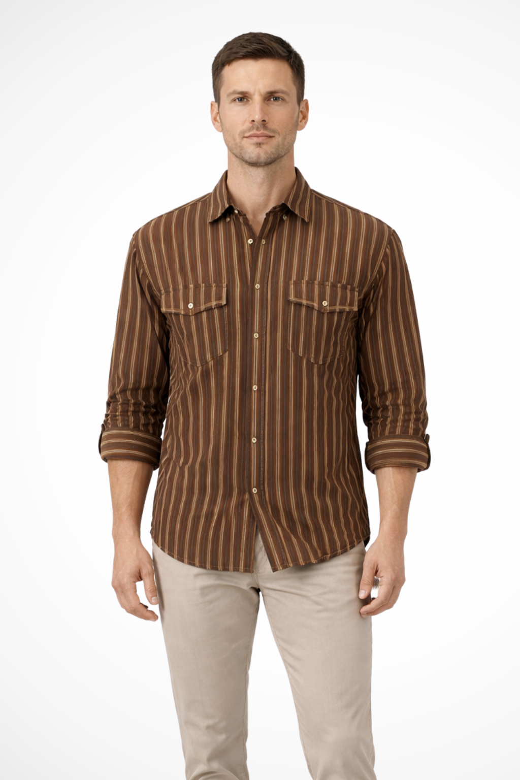 Noah | Men's Shirt - Loose Fit Striped Long Sleeve with Chest Pockets
