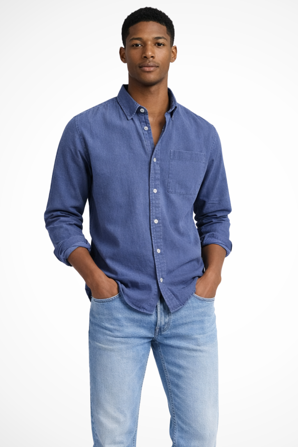 Roman | Men's Shirt - Casual Dark Blue Denim with Long Sleeves