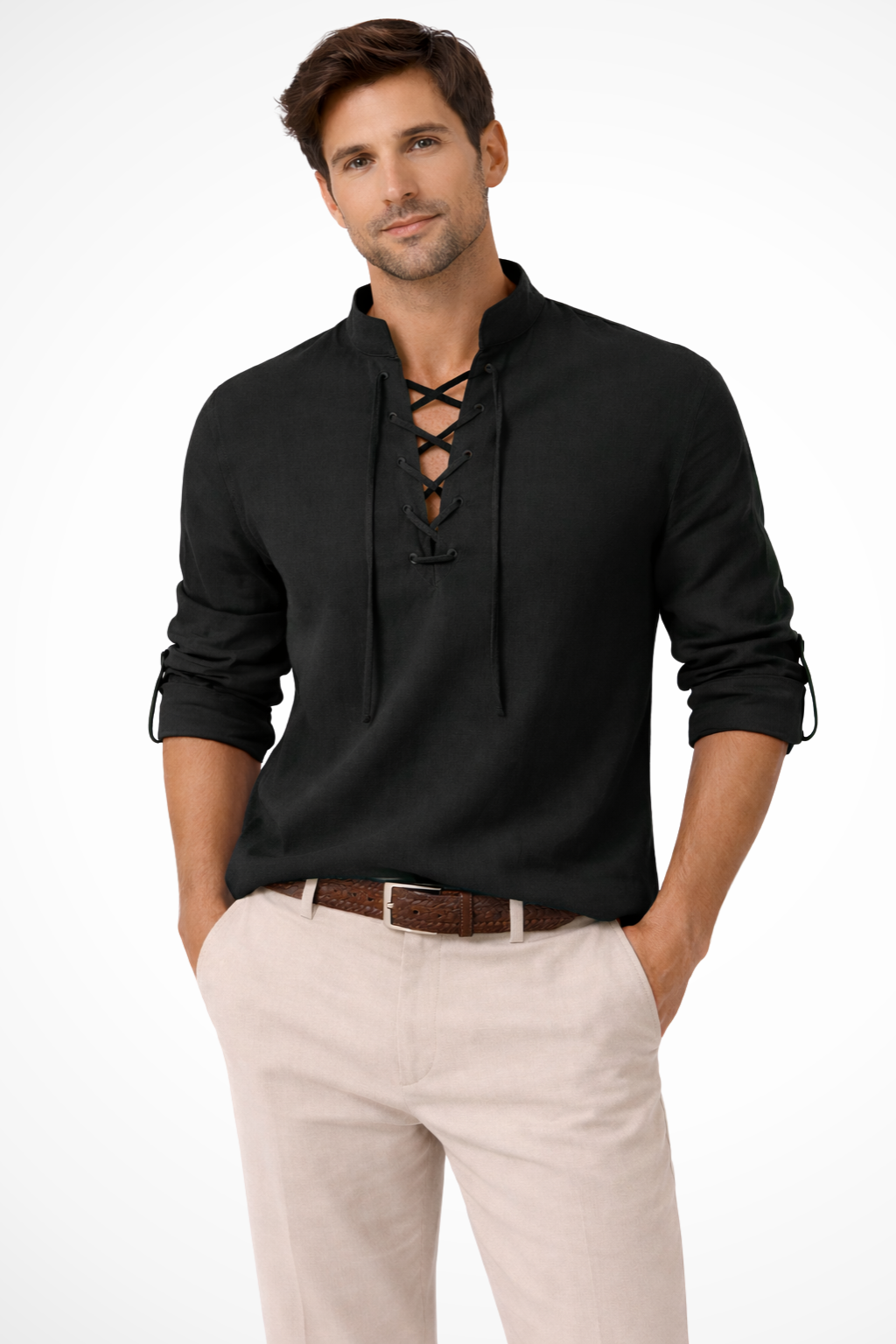 Rowan | Men's Linen Shirt – Lace-Up Collar, Light Blue Casual Fit
