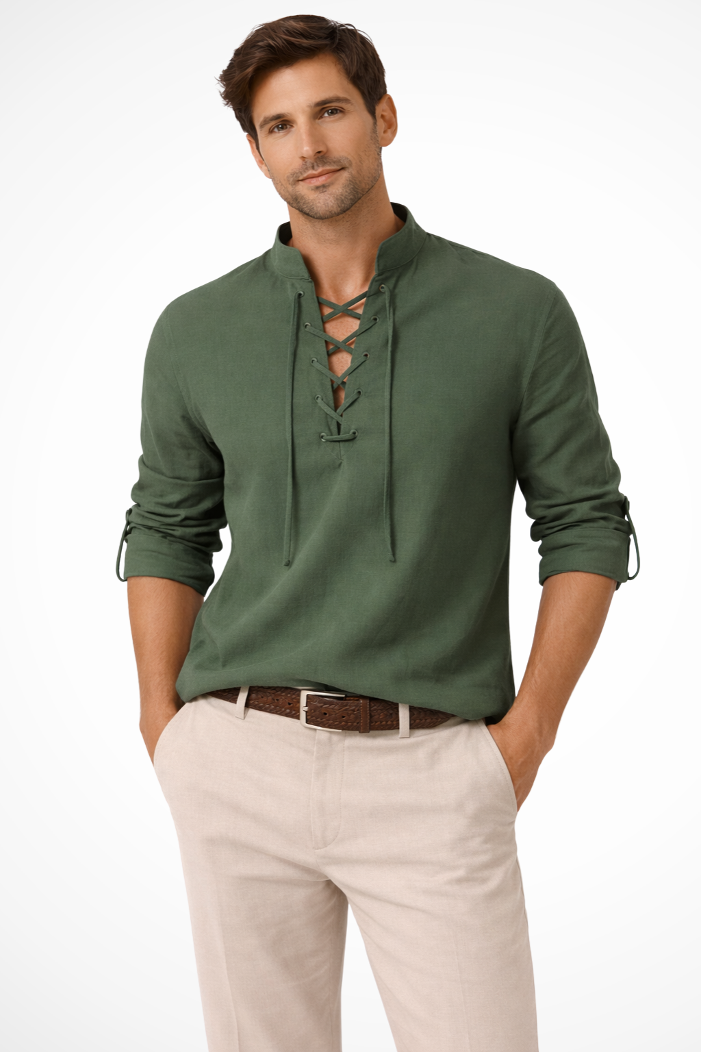 Rowan | Men's Linen Shirt – Lace-Up Collar, Light Blue Casual Fit
